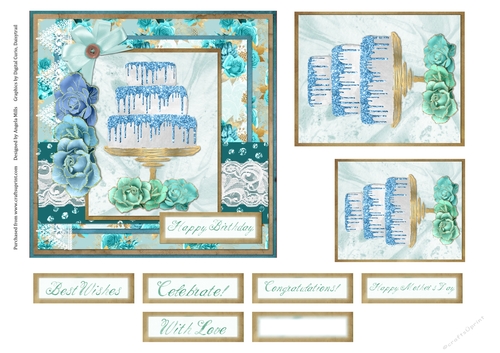 6 x 6 Card Front Blue/White Tiered Glitter Cake with Toppers and Sentiment Toppers, Blue/Aqua/Teal
