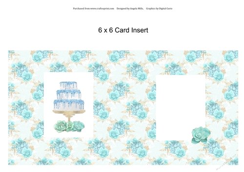 6 x 6 Card Insert Blue/White Tiered Glitter Cake on Aqua Floral Background, Blank