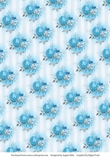A4 Paper Turquoise/Silver Roses on Blue Striped Background