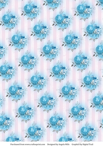 A4 Paper Turquoise/Silver Roses on Pale Pink Striped Background
