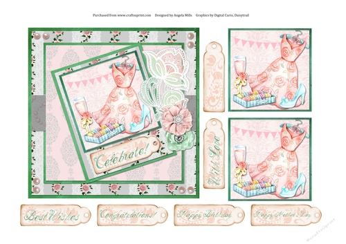 6 x 6 Card Front Celebration Peach Dress/Champagne/Macarons with Toppers and Sentiments 