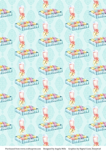 A4 Paper Pink Champagne Flutes/Macarons on Aqua Background