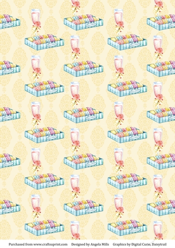 A4 Paper Pink Champagne Flutes/Macarons on Yellow Background
