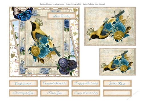 6 x 6 Card Front Vintage Yellow/Teal Bird with Toppers and Sentiment Toppers, Ivory/Teal/Blue
