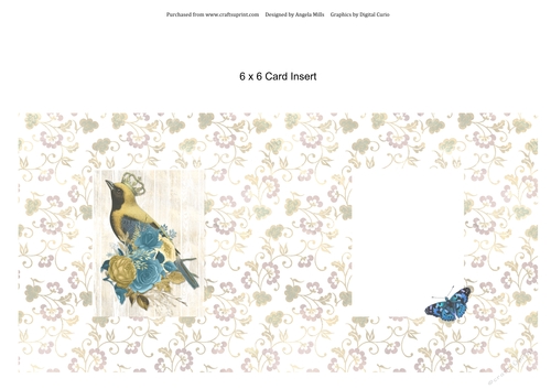 6 x 6 Card Insert Vintage Yellow/Teal Bird on Gold/White Floral Background, Blank