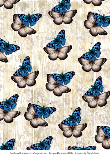 A4 Paper Blue/Ivory Butterflies on a Gold/Ivory Floral Background