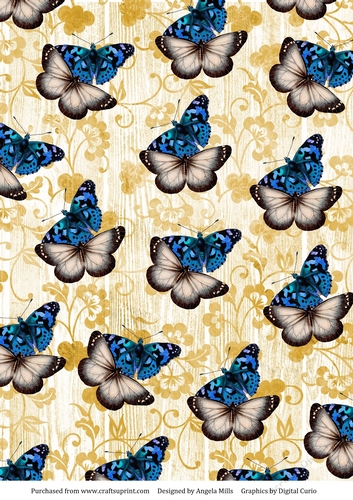 A4 Paper Blue/Ivory Butterflies on Yellow Floral Background