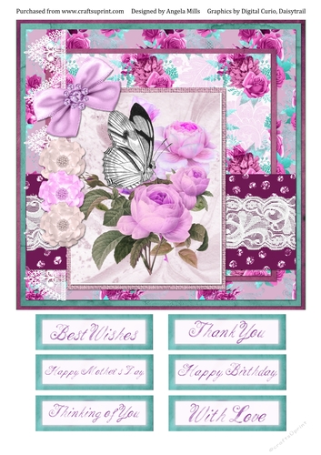 8 x 8 Card Front Butterfly/Lilac Peonies with Sentiment Toppers Lilac/Aqua/Cerise