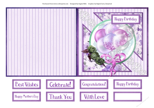 5 x 5 Quick Cut & Fold Card Lilac/White Balloons with Sentiment Toppers