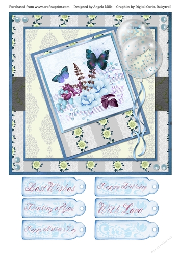 8 x 8 Card Front Butterflies/Floral with Sentiment Tags, Indigo/Cream/Yellow