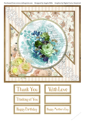8 x 8 Card Front Aqua/Green Floral Bouquet with Sentiment Toppers, Natural/White