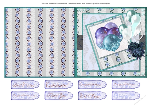 5 x 5 Quick Cut & Fold Card Teal/Lilac/Aqua Balloons with Sentiment Toppers