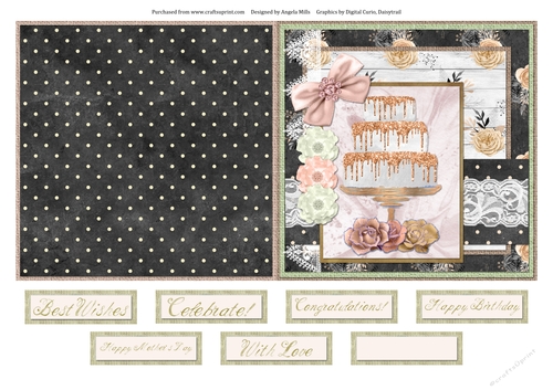 5 x 5 Quick Cut & Fold Card Glitter Tiered Cake with Sentiment Toppers Black/Gold/Peach