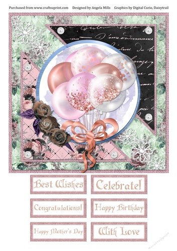 8 x 8 Card Front Glitter Balloons with Sentiment Toppers, Rose Gold/Pink/Green