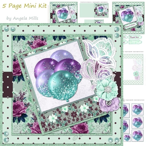 8 x 8 Card Mini Kit Balloons/ Floral 5 Sheets Mint Green/Lilac/Teal