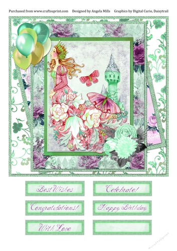 8 x 8 Card Front Princess/Balloons with Sentiment Toppers  Mint Green/Violet/Pink