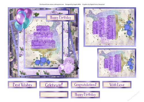6 x 6 Card Front Lilac Glitter Tiered Cake/Balloons with Toppers and Sentiment Toppers