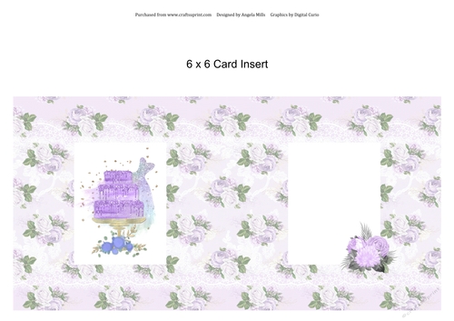 6 x 6 Card Insert Lilac Glitter Tiered Cake on Lilac/Green Floral Background, Blank