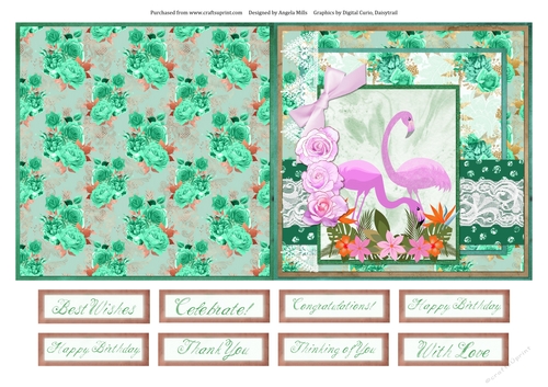 5 x 5 Quick Cut & Fold Card Pink Flamingoes with Sentiment Toppers Green/Pink