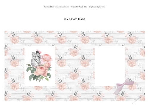 6 x 6 Card Insert Peach Peonies/Butterfly on Peach/White Floral Background, Blank