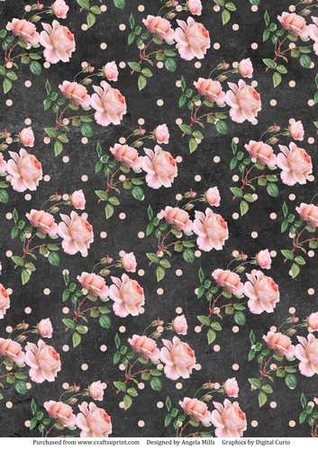 A4 Paper Peach Peonies on Black/Peach Polka Dot Background
