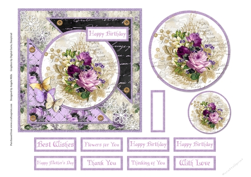 6 x 6 Card Front Shabby Lilac/Purple/Gold Floral with Toppers and Sentiments