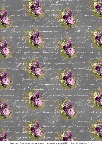 A4 Paper Shabby Lilac/Purple/Gold Floral on Taupe Script Background