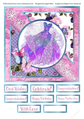 8 x 8 Card Front Lilac/Purple Party Dress/Champagne with Sentiment Toppers