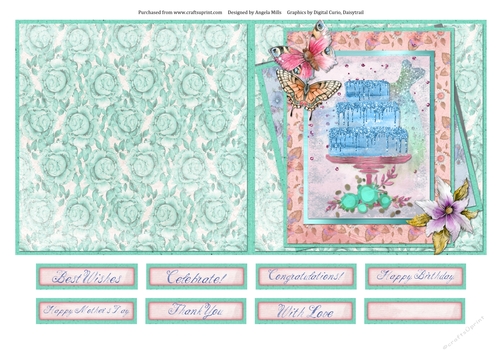5 x 5 Quick Cut & Fold Card Glitter Tiered Cake with Sentiment Toppers, Aqua/Peach/Blue