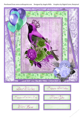 8 x 8 Card Front Violet/Green Vintage Bird/Balloons with Sentiments