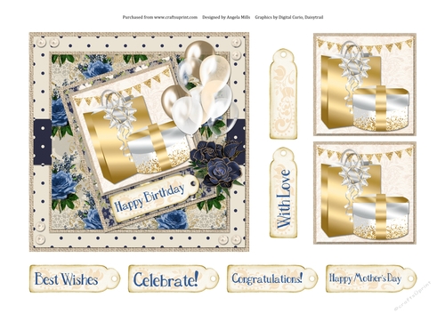 6 x 6 Card Front Gold/White Gift Box & Bag with Toppers and Sentiments Navy/Ivory