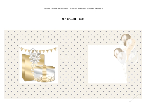 6 x 6 Card Insert Gold/White Gift Box & Bag on Ivory/Navy Polka Dot Background, Blank