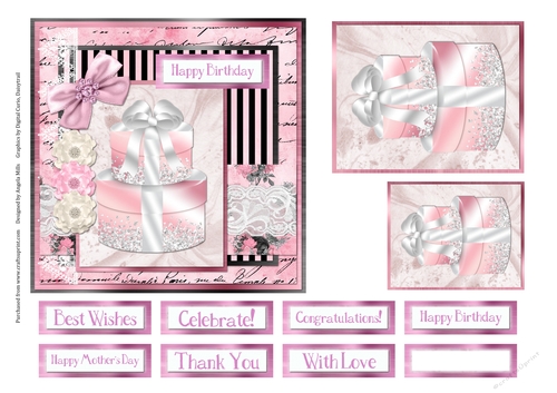 6 x 6 Card Front Pink/White Gift Boxes with Toppers and Sentiments   Pink/Black/White