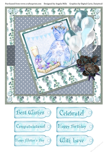 8 x 8 Card Front Lilac Summer Dress/Champagne with Sentiment Tags, Lilac/Aqua/Grey