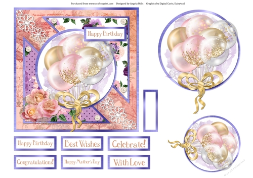 6 x 6 Card Front Peach/Gold/White Balloons with Toppers and Sentiments, Peach/Lilac