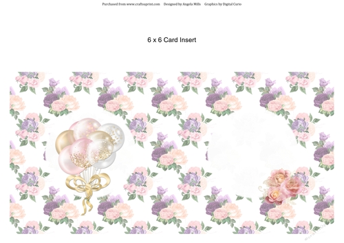 6 x 6 Card Insert Peach/Gold/White Balloons on Peach/Lilac Floral Background, Blank
