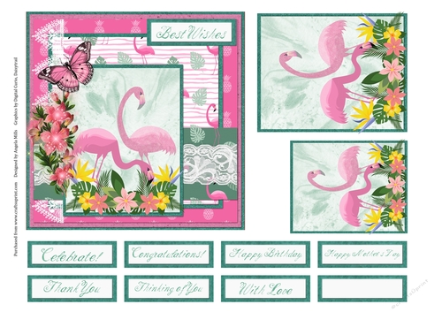 6 x 6 Card Front Pink Flamingoes, Toppers and Sentiments  Cerise/Green