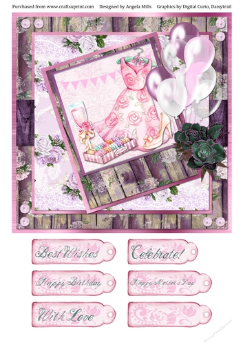 8 x 8 Card Front Pink Summer Dress/Champagne/Balloons with Toppers/Sentiments, Pink/Taupe;Lavender