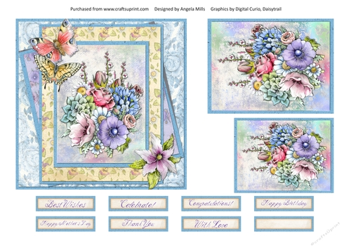 6 x 6 Card Front Garden Flowers with Decoupage Topper and Sentiments Blue/Yellow
