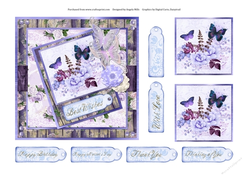 6 x 6 Card Front Lilac Peonies/Butterflies with Decoupage Topper and Sentiments