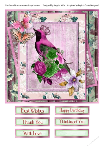8 x 8 Card Front Vintage Magenta/Green Bird with Sentiments  Lilac/Pink/Green