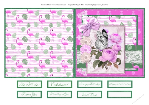 5 x 5 Quick Cut & Fold Card Pink Peonies/Butterfly with Sentiments Pink/Green