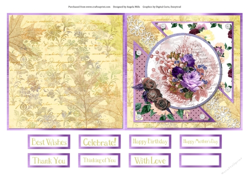 5 x 5 Quick Cut & Fold Card Lilac/Rose Gold Bouquet with Sentiments, Gold/Lilac/Rose Gold