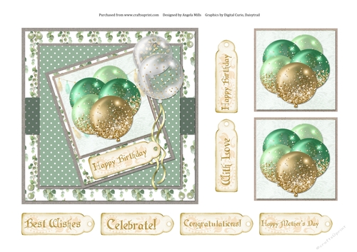 6 x 6 Card Front Green/White/Gold Balloons with Decoupage Toppers and Sentiment Tags, Sage Green/Gold