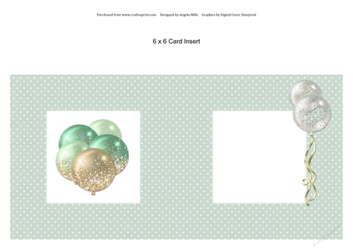 6 x 6 Card Insert Green/White/Gold Balloons on Sage/White Polka Dot Background, Blank