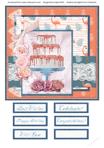 8 x 8 Card Front Orange/White Glitter Tiered Cake with Sentiments, Orange/Prussian Blue 