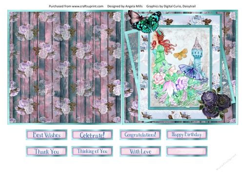 5 x 5 Quick Cut & Fold Card Fairy Princess/Butterflies with Sentiments, Green/Aqua/Violet