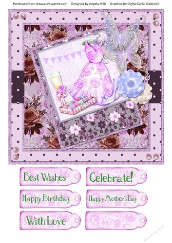 8 x 8 Card Front Pink Dress/Champagne/Macarons with Sentiments, Lilac/Taupe