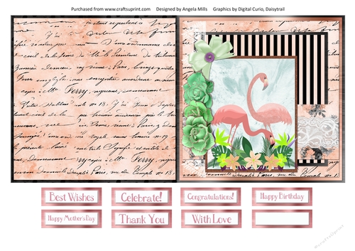 5 x 5 Quick Cut & Fold Card Peach/Coral Flamingoes with Sentiments  Peach/Coral/Green