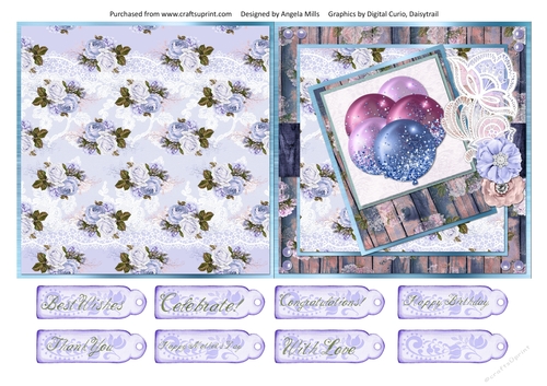 5 x 5 Quick Cut & Fold Card Indigo/Claret/Lilac Balloons with Sentiments Lilac/Indigo/Rosewood